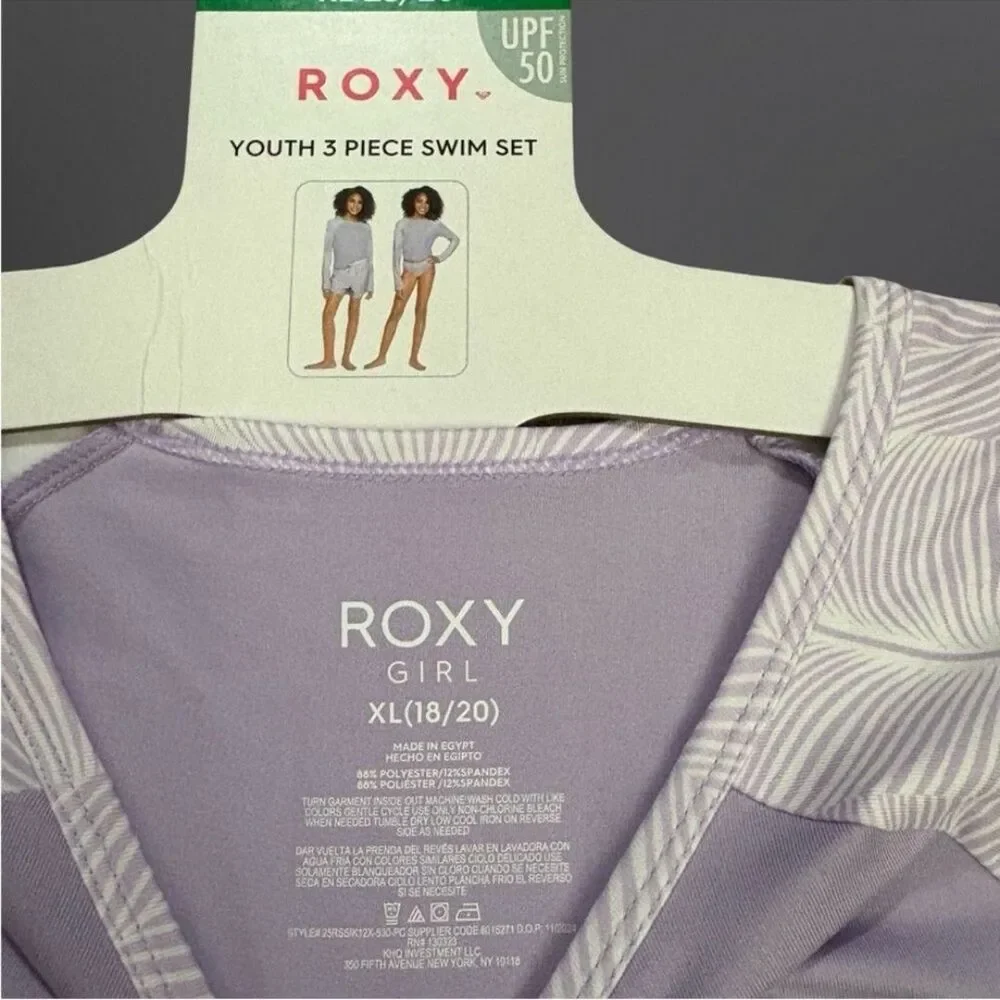 New! Roxy Youth 3-piece Swim Set Light Purple Girls Sz XL 18/20 UPF 50